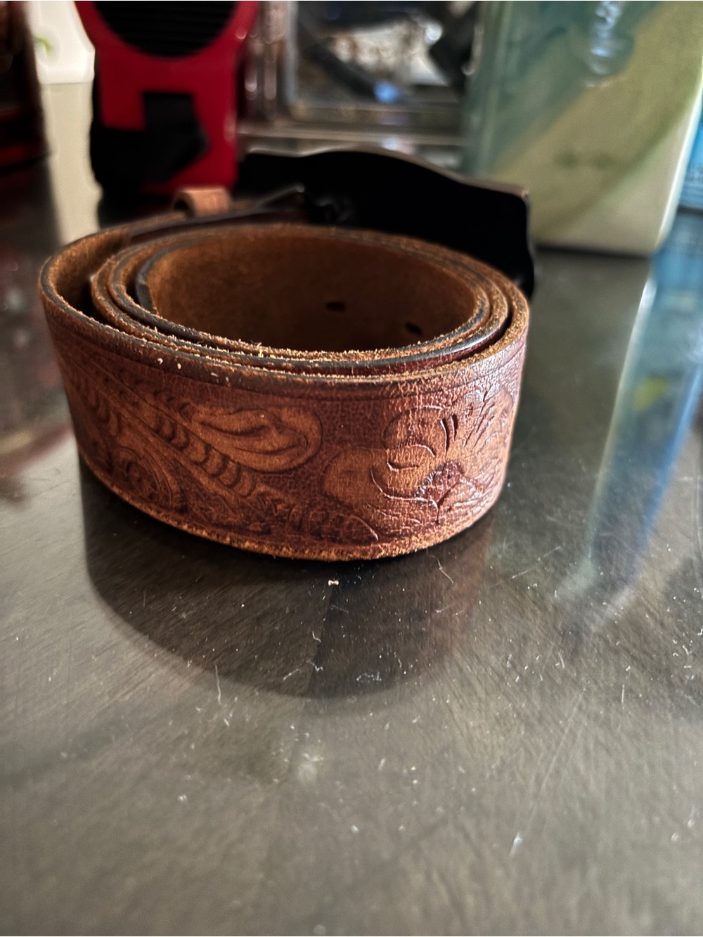 Hawaii Embossed Floral Men's Belt Buckle 30” Leather Belt - Picture 3 of 9